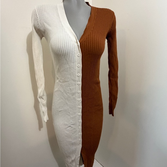 STAUD Long Sleeve Ribbed Dress in Cream and Brown - Picture 7 of 7
